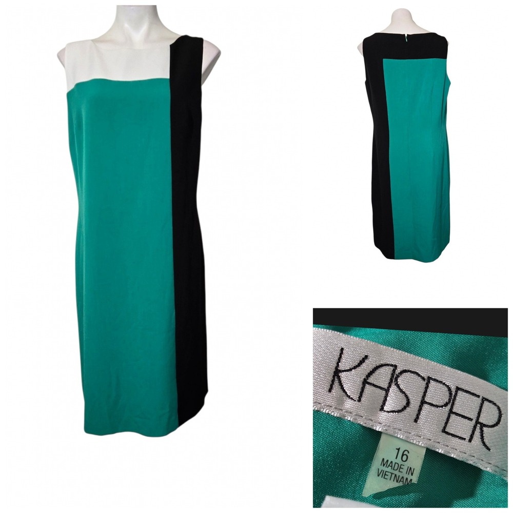 Kasper Womens Colorblock Sheath Dress Teal Green Black Cream Size 16 Sleeveless